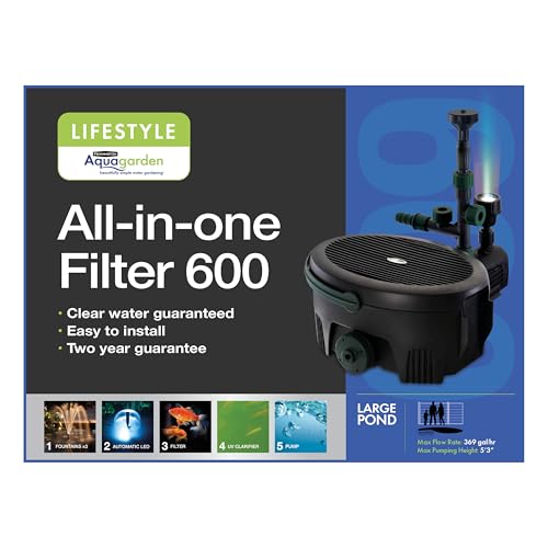 Pennington , Inpond 5 in 1 Pond & Water Pump, Filter, UV Clarifier, LED Spotlight and Fountain, All in One solution for a Clean, Clear, and Beautiful pond, for Ponds up to 600 Gallons