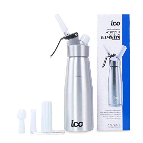 ICO Professional Aluminum Whipped Cream Dispenser for Homemade Whipping Cream, Desserts, Dips, Sauces, and Infused Liquors, Whipped Cream Maker for use with Whip Cream Charger, Silver, 1-Pint