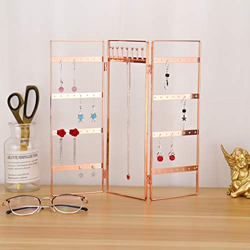 3-Panel Jewelry Organizer, Metal Jewelry Holder, Foldable Jewelry Hanger, Portable Jewelry Display Rack for Earrings, Necklaces &amp; Bracelets (Rose Gold)