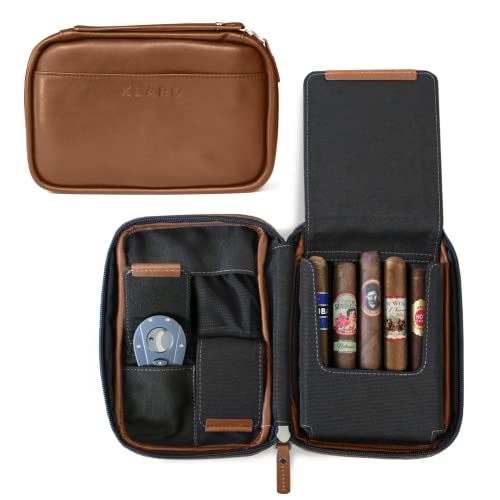 Klaro Travel Leather Cigar Case, 5 Cigar Storage, 2 Accessory Pockets, Humidification Pocket, Internal Hard-Shell Protection - Brown