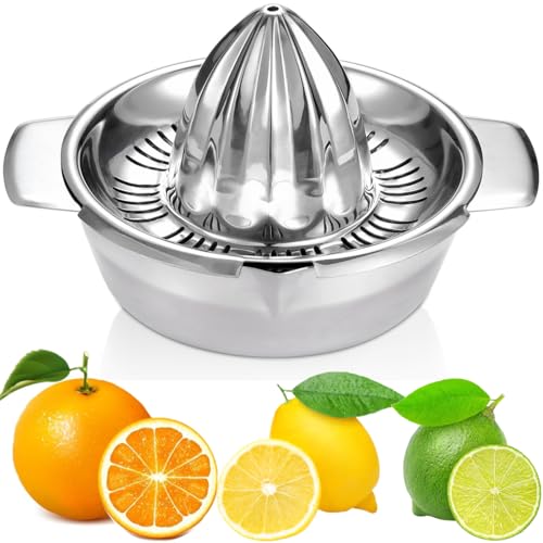 Citrus Lemon Orange Grapefruit Juicer Manual Squeezer 304 Stainless Steel Robust Hand Juicer Reamer Rotation Press with Strainer&amp;10oz Bowl, 2 Pour Spouts, Dishwasher Safe, Easy to Clean, Heavy Duty