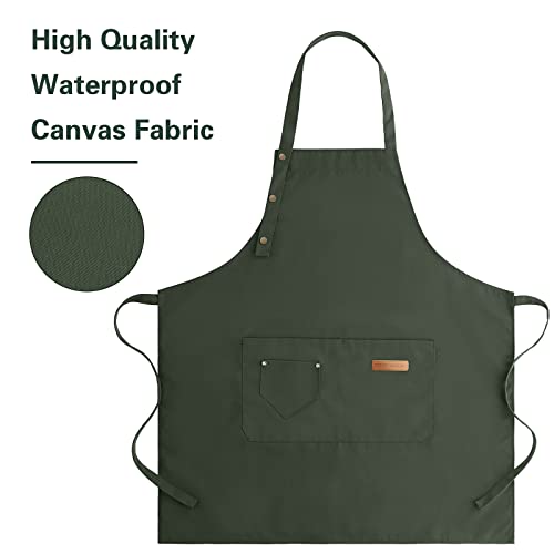 Apron for Men Women with Adjustable Straps and Large Pockets, Canvas Cotton Cooking Kitchen Chef Bib Aprons Waterproof Green