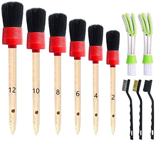 11Pcs Auto Detailing Set, Boar Hair Brushes, Steel Wire &amp; A/C Brushes, Red, Soft Bristles, Wood Handles for Cleaning Interior, Exterior, Leather, 6 Sizes