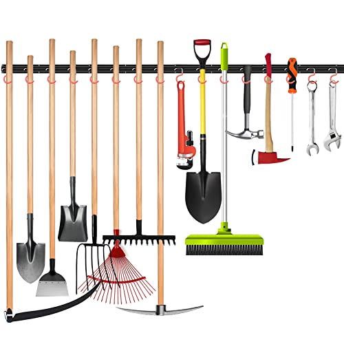 All Metal 64 Inch Wall Mount Garden Tool Organizer for Garage, Mop and Broom Holder, Yard Tool Storage Rack for Rake, Shovel, Spade, Mop, Broom(4 Rails, 16 Hooks)