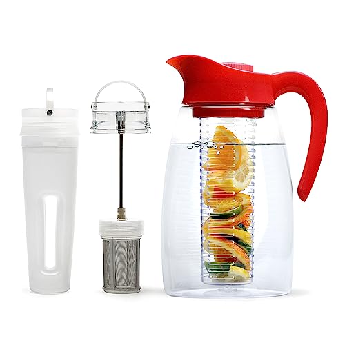Flavor-It Beverage System, Includes Large Capacity Fruit, Tea Infuser, Chill Core, Dishwasher Safe Pitcher, 2.9-Quart, Red