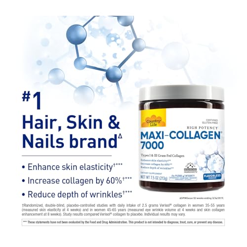 Maxi-Collagen 7000 Powder - Verisol Bioactive Collagen Peptides, Vitamin C, A &amp; Biotin, 4,500 mg Types I &amp; III Grass-Fed Collagen - Supports Skin, Hair, Nails &amp; Joint Health, 7.5 oz