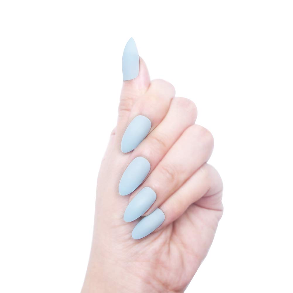 96Pcs Colorful Acrylic Nails Full Cover False Gel Nails Art Tips Sets Medium Stiletto Matteï¼Ë†Skylike Blueï¼â€°