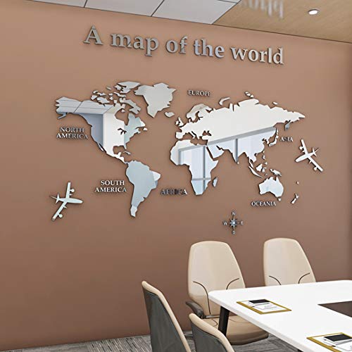 3D Wall Stickers - DIY World Map Wall Decal Sticker Murals Map Wall Décor for Living Room Bedroom TV Background Home Decorations(Silver,M: 120x60 cm)