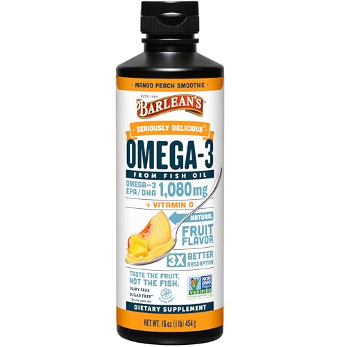 Mango Peach Omega 3 Fish Oil Liquid Supplement with Vitamin D, 1080mg EPA & DHA Fatty Acid, Smoothie Flavored & Burpless for Brain, Joint, & Heart Health, 16 oz