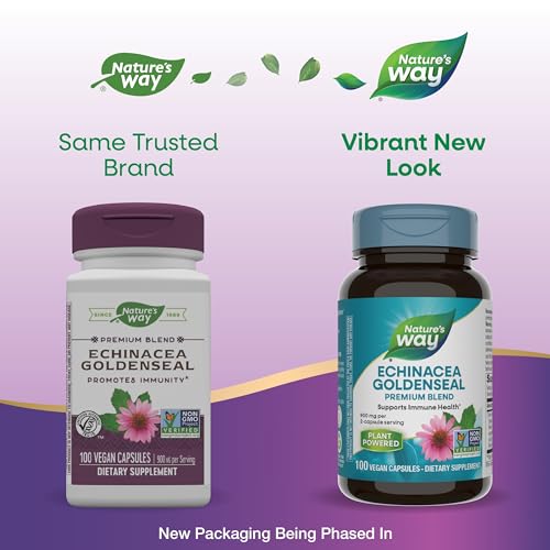 Nature&#39;s Way Echinacea Goldenseal, Premium Blend, Supports Immune Health*, 900 mg per 2-Capsule Serving, Non-GMO Project Verified, Vegan, 100 Capsules (Packaging May Vary)