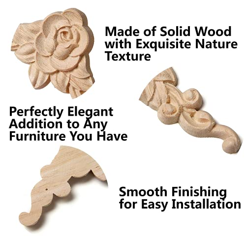 Wood Appliques Onlays for Furniture, 4-Pack Unpainted Wooden Carved Rose Decals DIY Decorative Corners for Bed Wall Dresser Mirror Door Cabinet Wardrobe, 8x8cm/3.15x3.15
