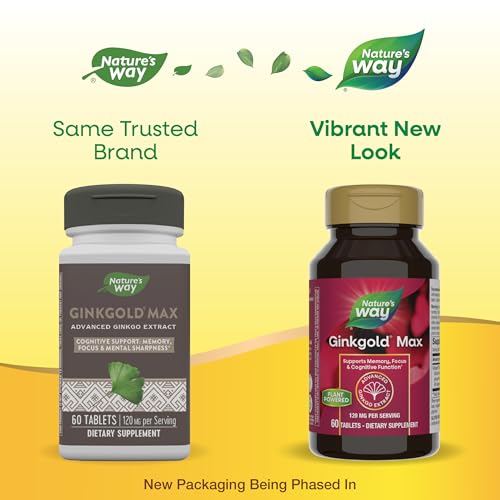 Nature&#39;s Way Ginkgold Max Advanced Ginkgo Extract, Supports Memory, Focus, and Concentration, and Cognitive Function*, Gluten free, Vegan, 60 Vegan Tablets (Packaging May Vary)