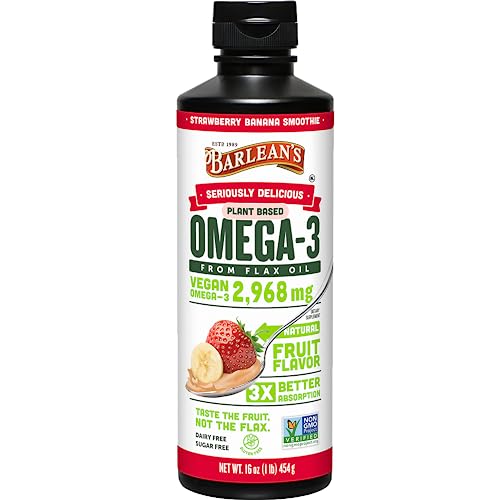 Strawberry Banana Omega 3 Liquid Flaxseed Oil with 2,968 mg Vegan Omegas 3 6 9, Smoothie Supplements for Kids and Adults, Non-GMO and Gluten Free, 16 oz