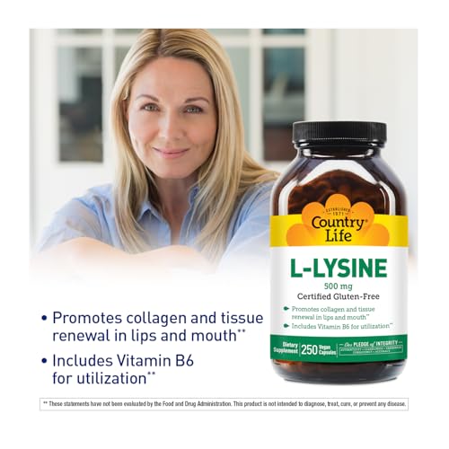 L-Lysine 500mg with B-6, Supports Immune Health, Promotes Collagen Renewal in Lips and Mouth, 250 Vegan Capsules, Certified Gluten Free, Certified Vegan