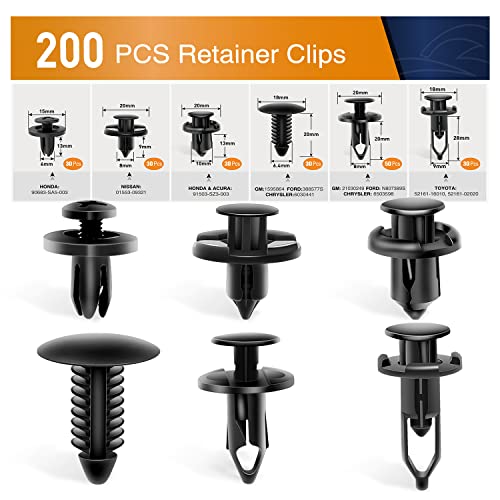 Universal Plastic Fender Clips,200 Pcs Push Bumper Fastener Rivet Clips with 6 Size Auto Body Retainer Clips Bumpers,Car Fender Replacement for GM, Ford & Ch