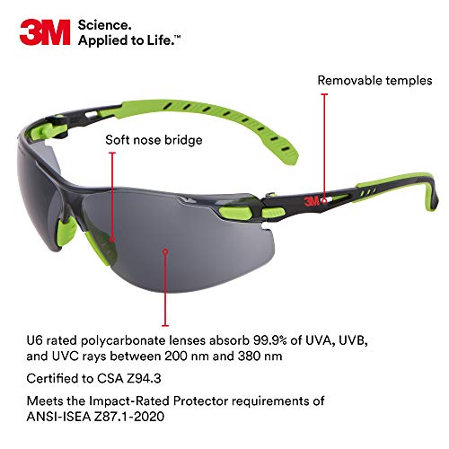 3M Safety Glasses, Solus 1000, S1202SGAF, ANSI Z87, Scotchgard Anti-Fog, Gray Lens, Green/Black Frame, Padded Temple, Soft Nosebridge, UV Protection, Premium Eye Protection