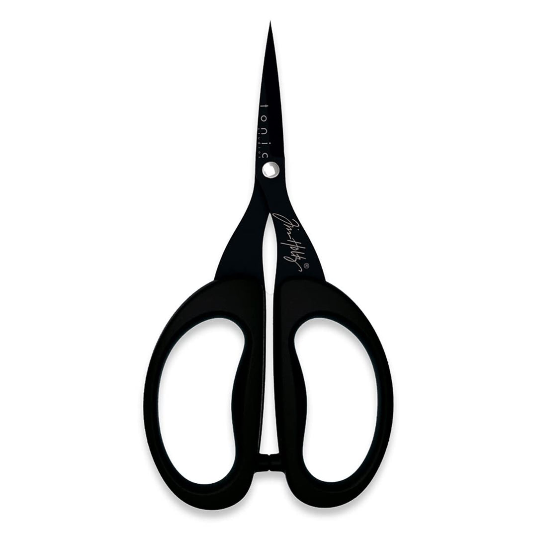 Tim Holtz Small Scissors - 5 Inch Mini Snips with Micro Serrated Blade - Craft Tool for Cutting Paper, Fabric, and Sewing - Titanium with Black Comfort Grip Handles