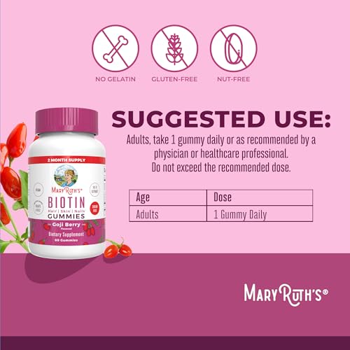 MaryRuth's Biotin Gummies | Sugar Free | Vegan | Non-GMO | 2,500 mcg Biotin Supplement | Hair Skin and Nails Vitamins | Hair Growth Vitamins | Hair Growth Supplement | 60 Count