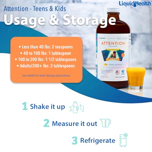 Attention Liquid Multivitamin for Kids &amp; Teens - Improves Memory Retention, Concentration, Focus, Mood, Relaxation &amp; Calming - Great Taste, Vegan, Sugar-Free (16 oz)