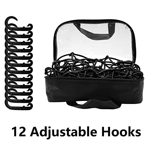 22x38 Cargo Net Stretches to 44x76, Latex Bungee Cargo Net with 2X2 Small Mesh and 12 Adjustable Plastic Hooks, for Car ATV Boat SUV Van Trailer Snowmobile (Black)