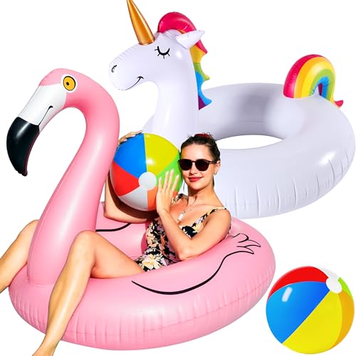 2 Pack 42'' Inflatable Pool Floats Flamingo Unicorn Swim Tube Rings with 2Pcs Beach Balls, Beach Floaties, Swimming Toys, Lake and Beach Floaty Summer Toy, Pool Raft Lounge for Adults Kids