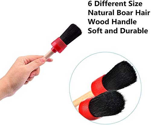 11Pcs Auto Detailing Set, Boar Hair Brushes, Steel Wire &amp; A/C Brushes, Red, Soft Bristles, Wood Handles for Cleaning Interior, Exterior, Leather, 6 Sizes