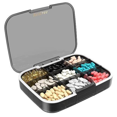 Restree Large Pill Organizer, Portable Pill Dispenser, Moisture-Proof Travel Pill Case for Vitamin, Medicine, Fish Oil/Supplements Extra Large 9 compartments (Black)