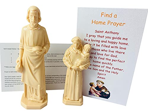 Saint Joseph and St Anthony Home Seller and Finder Kit Mini Statues with Prayer Cards for Selling and Buying a House