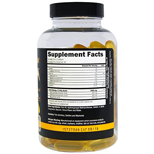 Orange Oximega Fish Oil Supplement 120 Softgels, EPA and DHA, 2000mg Omega- 3 Fatty Acids, Citrus-Flavor, Burpless Softgels