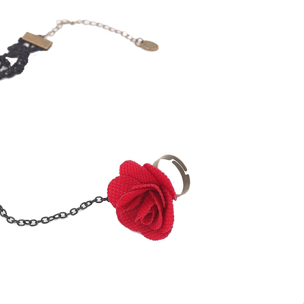Gothic Retro Red Flower Ring Bracelet for Women Vampire Lolita Black Lace Bracelet for Halloween Decorations Party Accessory(1Piece)