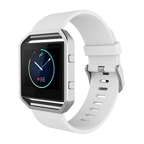 Sport Band Compatible with Fitbit Blaze Smartwatch Sport Fitness, Silicone Wrist Band with Meatl Frame Replacement for Fitbit Blaze Men Women, Small, White Band+Silver Frame