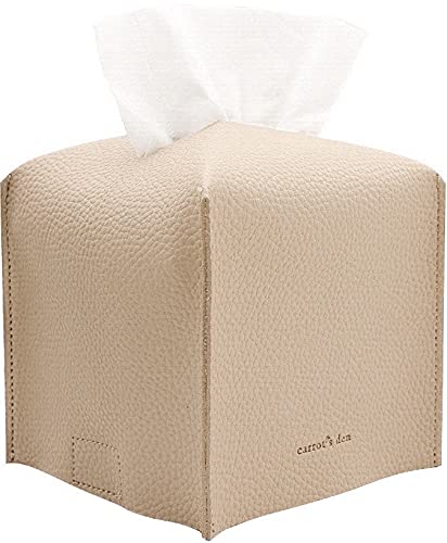 Tissue Box Cover Holder, Square with Bottom Belt by Carrot&#39;s Den - PU Leather Decorative Organizer for Tabletop, Bathroom, Car, Office | Beige