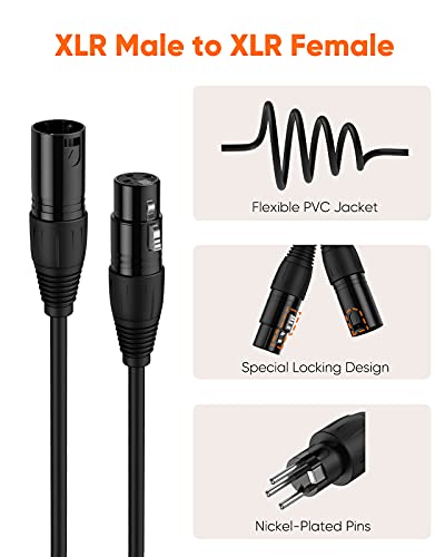 XLR Microphone Cable, 6 FT XLR Male to XLR Female Balanced 3 PIN Mic Cables, Black