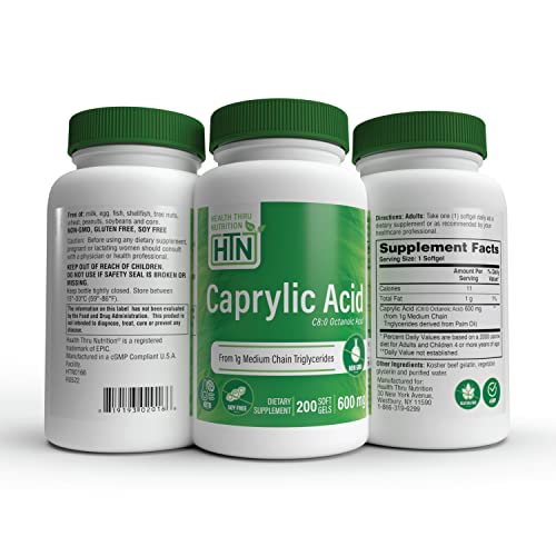 Caprylic Acid 600mg 200 Softgels | C8 Octanoic Acid from Pure 1g MCT Oil | Non-GMO &amp; Soy Free | Support Healthy Digestive and Intestinal Health | Keto Friendly