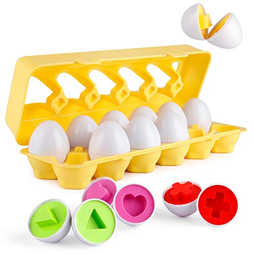 Matching Eggs 12 pcs Set Color & Shape Recoginition Sorter Puzzle for Toddlers Easter Travel Game Early Learning Educational Fine Motor Skill Montessori Gift for Year Old Kids