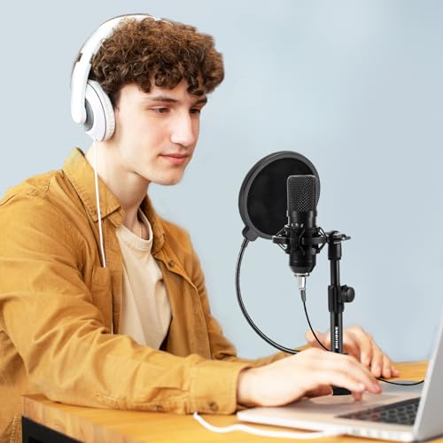 Upgraded Desktop Microphone Stand, Adjustable Mic Stand Desk with Pop Filter, Shock Mount, Microphone Clip, 5/8 to 3/8 Metal Screw Adapter