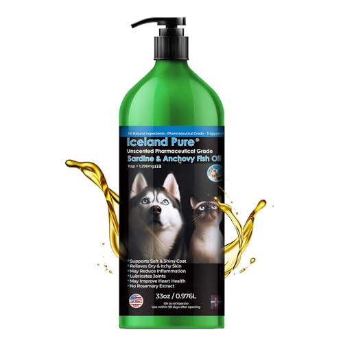 Sardine Anchovy Oil | 1296mg Omega | Unscented Pharmaceutical Grade | For Dogs & Cats | BPA-Free Brushed Aluminum Epoxy Coated Bottle with Pump 33 OZ