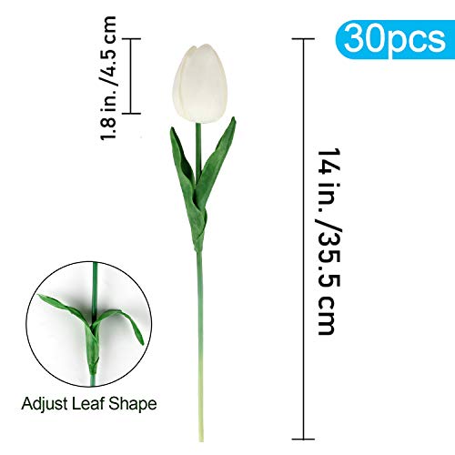 30pcs Artificial Tulips Flowers Fake Latex Tulip Stems - Real Touch Faux White Tulips Flower for Easter Spring Wedding Bouquet Centerpiece Floral Arrangement Cemetery Table Decor