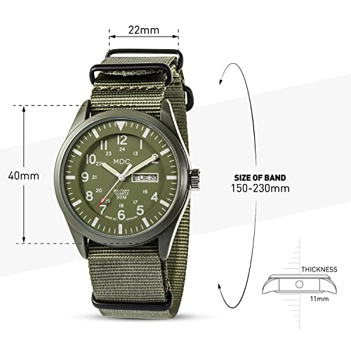 Military Watches for Men Analog Wrist Watch, Tactical Waterproof Outdoor Sport Mens Quartz Wristwatch, Date Day Work Field Army Green w/Nylon Band by MDC