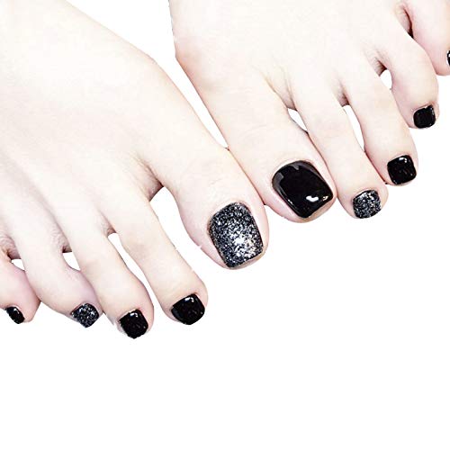 24Pcs Short Glitter False Toe Nails Full Cover Acrylic Feet Nail Art Tips Press On Fake Toenails Black