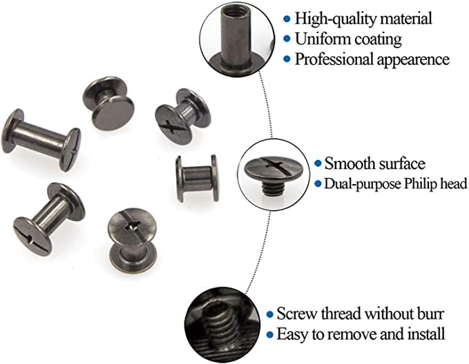 Alloypro 100 Pcs Black Metal Chicago Binding Screws Assorted Kit Nail Rivet Chicago Button DIY Leather Decoration Bookbinding Round Flat Head Stud Screw M5x6mm