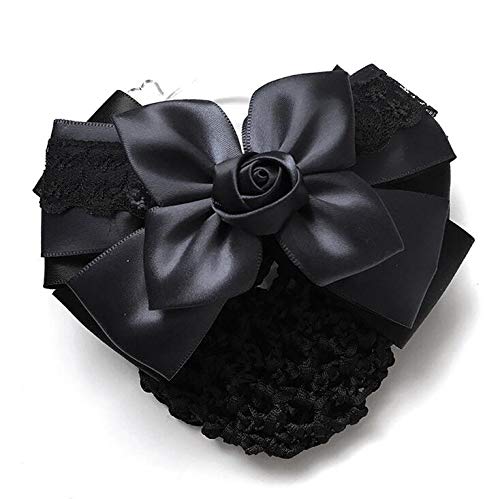 Women Hair Bun Cover Net Snood Hairnet Bowknot Decor Satin Bow Barrette French Hair Clip Bow Ribbon Flower Hair Accessories For Stewardess Banks Hotels Restaurant Staff (Black)