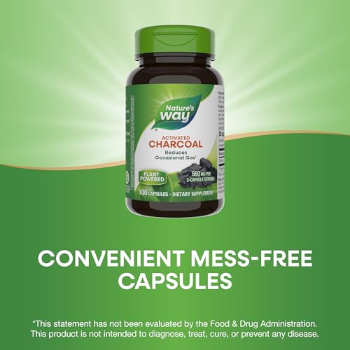 Nature&#39;s Way Activated Charcoal, Binds Unwanted Materials and Gas in the Digestive Tract*, 560 mg per 2-Capsule Serving, 100 Capsules (Packaging May Vary)