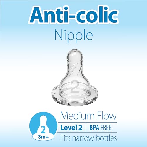 Dr. Brown’s Natural Flow Level 2 Narrow Baby Bottle Silicone Nipple, Medium Flow, 3m+, 100% Silicone Bottle Nipple, 6 Count