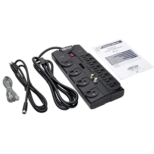 TLP1208TELTV 12 Outlet Surge Protector Power Strip, 8ft Cord, Right-Angle Plug, Tel/Modem/Coax Protection, RJ11, &amp; Dollar 150,000 Insurance Black