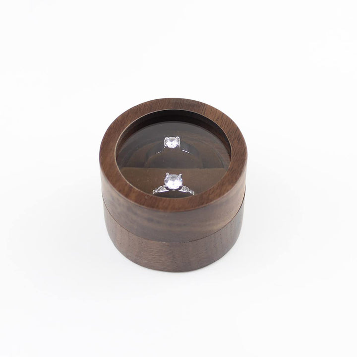 Round Wooden Jewelry Ring Box Transparent Lid Couple Rings Box for Engagement Wedding Box Two Slots Brown Velvet