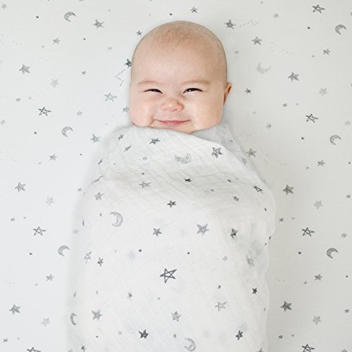Printed 100% Natural Cotton Jersey Knit 18 x 36 Cradle/Bassinet Sheet - Fitted, Gray Stars and Moons, Soft Breathable, for Boys and Girls