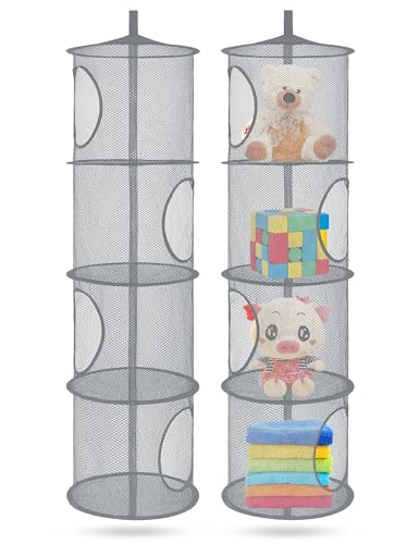 Libeder Mesh Hanging Storage Space Saver Bags Organizer,Foldable Storage Organizer 4 Compartments Toy Storage Basket for Kids Room Bathroom 2 Sets Grey