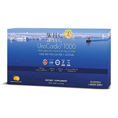 , UnoCardio 1000 Fish Oil, 1300 mg of Pure Triglyceride Fish Oil with Omega-3 (1180 mg), 665 mg EPA and 445 mg DHA and 25 mcg (1000 IU) Vitamin D3 per softgel, Natural Orange, 60 softgels