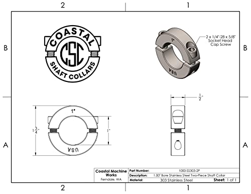 - 1.00 Bore Diameter - Clamping Two Piece Shaft Collar - 303 Stainless Steel (2 Pack)